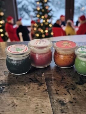 (Lot Of 4) Holiday Themed Artisanal Candles Glass Lidded Tureen Hurricane Jars N
